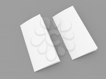 Empty paper brochures on a gray background. 3d render illustration.