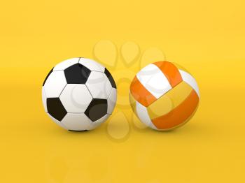 Soccer and volleyball balls on a yellow background. 3d render illustration.