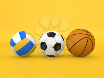 Soccer volleyball and basketballs on a yellow background. 3d render illustration.
