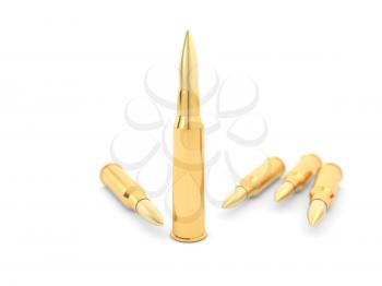 Military army bullets on a white background. 3d render illustration.
