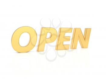 OPEN - inscription in gold letters on a white background. 3d render illustration.