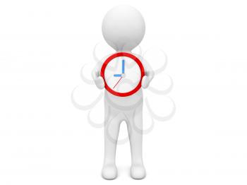 3d character with a clock on a white background. 3d render illustration.