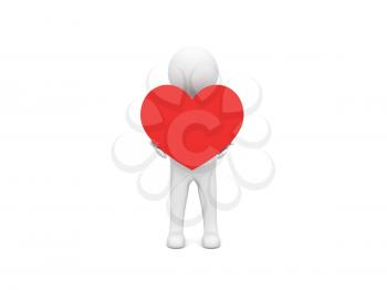 3d character holding a heart on a white background. 3d render illustration.