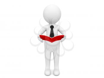 3d character is reading a book on a white background. 3d render illustration.