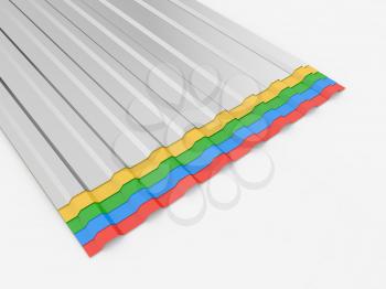 Colored sheets of metal profiles for the roof on a white background. 3d render illustration.