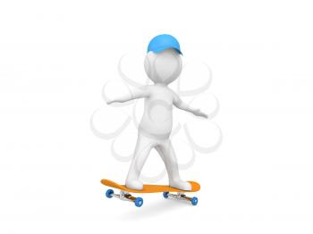 3d character is riding a skateboard on a white background. 3d render illustration.