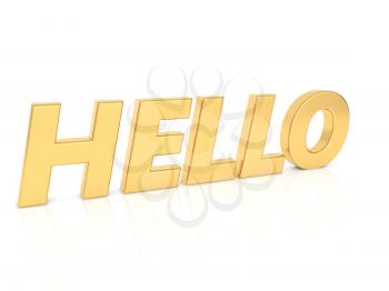 Hello - inscription in gold letters on a white background. 3d render illustration.