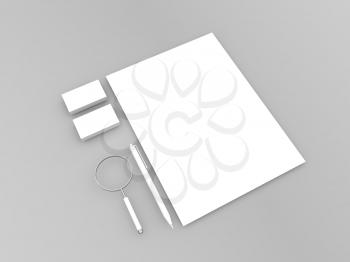 A4 paper sheet, magnifying glass, pen, business cards on a gray background. 3d render illustration.