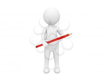 3d character holds a pencil in his hands on a white background. 3d render illustration.