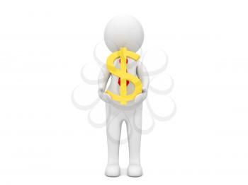 Businessman with a dollar symbol in his hands on a white background. 3d render illustration.