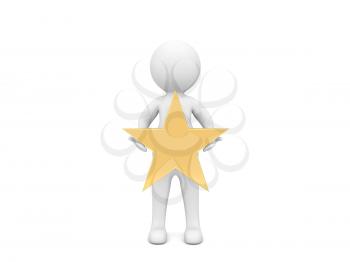 3d character with a gold star on a white background. 3d render illustration.