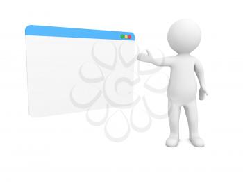 3d character and internet browser on a white background. 3d render illustration.