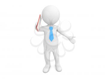 3d character speaks by a mobile phone on a white background. 3d render illustration.