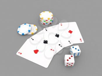 Playing cards, chips, dice, on a gray background. 3d render illustration.