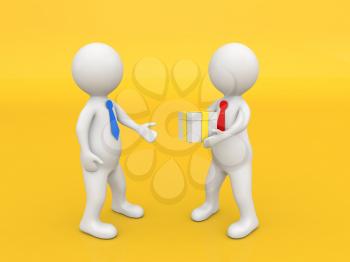 A man gives a box with a gift on a yellow background. 3d render illustration.