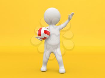 3d character with a volleyball on a yellow background. 3d render illustration.