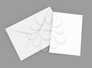 Paper envelope and A4 sheet on a gray background. 3d render illustration.