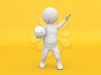 3d character athlete with a ball on a yellow background. 3d render illustration.