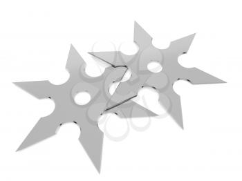 Metallic shurikens on a white background. 3d render illustration.