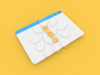 Browser internet page and exclamation mark on yellow background. 3d render illustration.