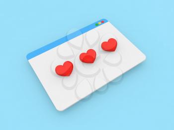 Internet browser page and hearts on a blue background. 3d render illustration.
