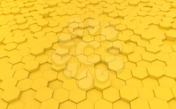 Yellow solid background of geometric hexagons. 3d render illustration.
