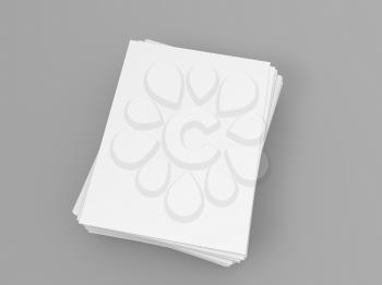 A stack of A4 papers on a gray background. 3d render illustration.
