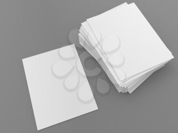 A stack of papers and one A4 sheet on a gray background. 3d render illustration.