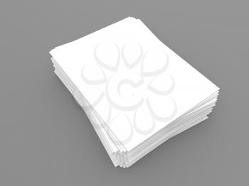 Stack of blank A4 white paper template sheets on gray background. 3d render illustration.