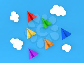 Colored paper planes on a blue background. Leadership concept. 3d render illustration.