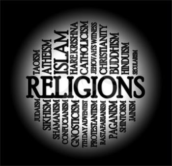 Religions word cloud with a black background