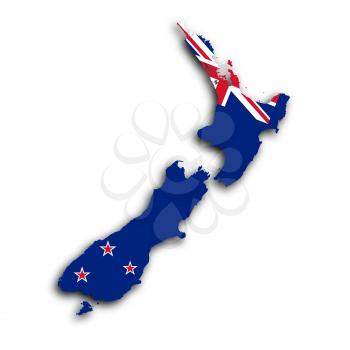 Map of New Zealand filled with the national flag