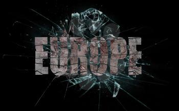 Concept of violence or crash, broken glass with the word Europe