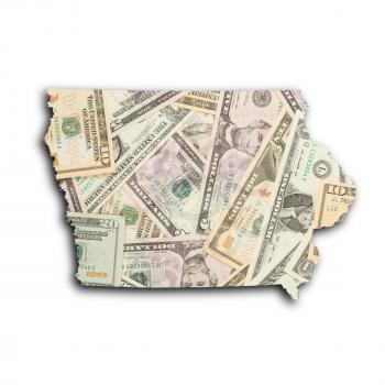 Map of Iowa, filled with many dollars