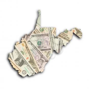 Map of West Virginia, filled with many dollars