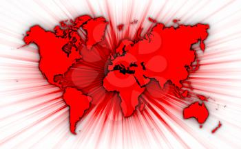 Map of world with starburst on background, red