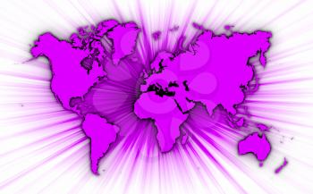 Map of world with starburst on background, pink