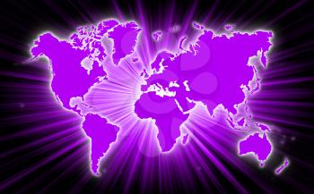 Map of world with starburst on background, purple