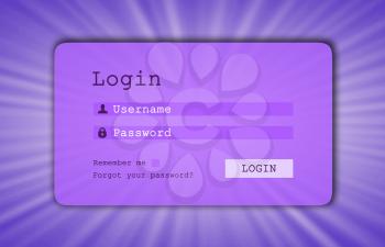Login interface - username and password, starburst background, purple