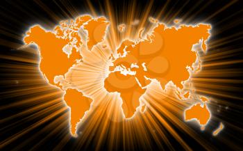 Map of world with starburst on background, orange