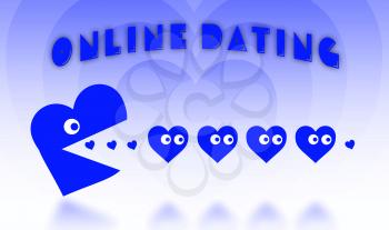 Concept of dating - big Pacman heart hunting small hearts - blue
