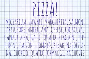 Pizza word cloud written on a piece of paper