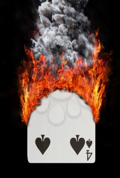 Playing card with fire and smoke, isolated on white - Four of spades