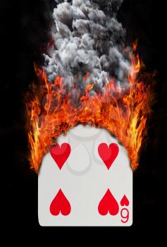 Playing card with fire and smoke, isolated on white - Six of hearts