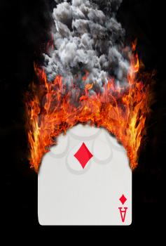 Playing card with fire and smoke, isolated on white - Ace of diamonds