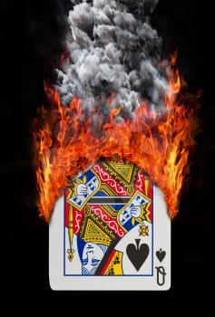 Playing card with fire and smoke, isolated on white - Queen of spades