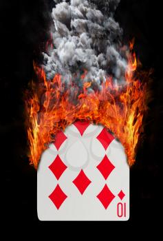 Playing card with fire and smoke, isolated on white - Ten of diamonds