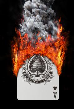 Playing card with fire and smoke, isolated on white - Ace of spades