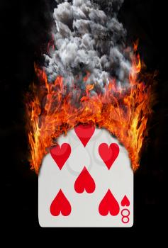 Playing card with fire and smoke, isolated on white - Eight of hearts