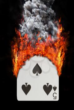 Playing card with fire and smoke, isolated on white - Five of spades
